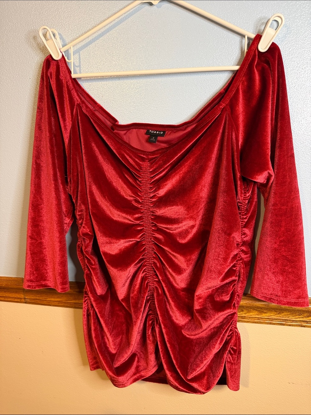 Torrid Size 2 Red Velvet Shirred Ruched Off-The-Shoulder Top 2X 18/20